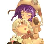  1girl :o blonde_hair blush brown_eyes brown_gloves button_eyes character_request couple gloves hands_on_another's_shoulders hetero hood long_hair lowres morii_shizuki open_mouth purple_eyes purple_hair ragnarok_online surprised upper_body 