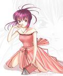  artist_request bare_shoulders book chikage_(sister_princess) detached_sleeves dress holding holding_book looking_at_viewer off-shoulder_dress off_shoulder ponytail purple_eyes purple_hair red_dress short_hair sister_princess sitting solo zoom_layer 