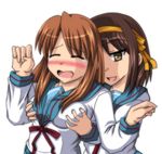  asahina_mikuru blue_sailor_collar breast_grab breasts brown_hair grabbing jun_(aoerm) kita_high_school_uniform long_sleeves medium_breasts multiple_girls sailor_collar school_uniform serafuku short_hair suzumiya_haruhi suzumiya_haruhi_no_yuuutsu 