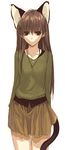  animal_ear_fluff animal_ears arms_at_sides bangs breasts brown_hair cat_ears cat_girl cat_tail closed_mouth collarbone expressionless hair_over_eyes highres jewelry jitome layered_clothing light_frown long_hair long_sleeves looking_at_viewer medium_breasts miniskirt morii_shizuki muted_color necklace original pleated_skirt shirt simple_background sketch skirt solo standing tail v-neck white_background 