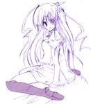  barasuishou boots dress eyepatch full_body juliet_sleeves knee_boots long_hair long_sleeves looking_at_viewer monochrome pink puffy_sleeves purple rozen_maiden sen_(astronomy) simple_background sitting solo very_long_hair wariza white_background 