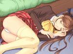  blush brown_hair closed_eyes duplicate game_cg long_hair lying morikawa_minami on_side panties pantyshot pantyshot_(lying) partner school_uniform skirt skirt_lift sleeping solo tanaka_takayuki thighhighs underwear white_panties 