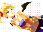 :o ahoge arcana_heart arm_grab bandeau bat_wings bike_shorts blonde_hair blue_eyes breasts choker cleavage demon_girl dutch_angle earrings elbow_pads flat_chest gloves hair_ornament jacket jewelry lilica_felchenerow midriff navel neko8 open_clothes open_jacket open_mouth pointy_ears polka_dot short_hair short_twintails small_breasts solo twintails unzipped wings zipper 