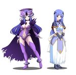  areolae blue_eyes blue_hair blush boots breasts cape choker cleavage copyright_request demon_girl dress fantasy hat high_heels kirin_kakeru large_breasts leotard long_hair multiple_girls purple_leotard shoes succubus thigh_boots thighhighs torn_clothes 
