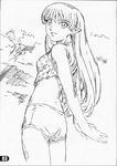  arms_behind_back back bangs crop_top doujinshi elf flat_chest from_behind greyscale halterneck highres lafiel long_hair looking_back monochrome official_art pointy_ears scan seikai_no_senki short_shorts shorts sketch smile solo standing very_long_hair watabe_keisuke 