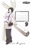  2006 adjusting_eyewear akiyama_mina animal_ears bangs belt black_hair bob_cut brown_eyes bunny_ears bunny_tail calendar_(medium) character_name choker flat_chest getsumento_heiki_miina glasses gun haibara_minamo hairband highres holding looking_at_viewer magical_girl missile_pod neck_ribbon official_art okama pants polka_dot polka_dot_background ribbed_sweater ribbon rocket_launcher scan semi-rimless_eyewear september shirt shoes short_hair solo standing sweater tail weapon 