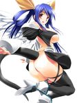  ass blue_hair blush boots bow breasts dizzy guilty_gear hair_bow hima huge_breasts long_hair midriff no_bra no_panties open_mouth red_eyes smile solo tail thighhighs twintails underboob wings 