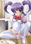  flour green_eyes kirin_kakeru microwave original purple_hair solo spill thighhighs twintails white_legwear 