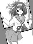  ahoge belt flat_chest greyscale hair_ribbon hairband kita_high_school_uniform monochrome outstretched_arms pleated_skirt ribbon school_uniform serafuku shadow short_hair skirt smile solo spread_arms standing suzumiya_haruhi suzumiya_haruhi_no_yuuutsu yatsuka 