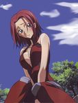  blush breasts cleavage code_geass kallen_stadtfeld medium_breasts official_art open_clothes open_shirt red_hair sakamoto_shuuji shirt solo 