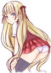  ass bent_over blonde_hair blue_eyes blush closed_mouth evangeline_a_k_mcdowell face ha-ru hair_ribbon long_hair mahora_academy_middle_school_uniform mahou_sensei_negima! panties pantyshot plaid plaid_skirt ribbon school_uniform sketch skirt solo thighhighs underwear very_long_hair 