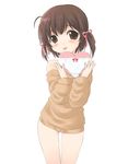  :p ass_visible_through_thighs bare_shoulders bottomless bow bow_panties box brown_eyes brown_hair gift heart-shaped_box hide_(rightstuff_annex) holding holding_gift holding_panties incoming_gift naked_sweater no_panties orange_shirt original panties panties_removed ribbon shirt short_hair short_twintails solo sweater tongue tongue_out twintails underwear valentine white_panties 