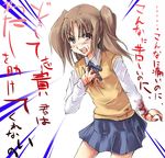  blood blood_on_face blue_skirt boshinote school_uniform skirt solo sweater sweater_vest translated tsukihime vest yumizuka_satsuki 