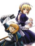  armor artoria_pendragon_(all) fate/stay_night fate_(series) knife maid multiple_girls saber sader steed_(steed_enterprise) sword weapon 