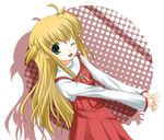  ;d arisa_bannings bangs blonde_hair dress green_eyes hands_together long_hair long_sleeves looking_at_viewer lyrical_nanoha mahou_shoujo_lyrical_nanoha_strikers odayan one_eye_closed open_mouth shadow smile solo two_side_up 