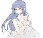  bangs blue_hair breasts cleavage collarbone covering covering_breasts eyelashes frown hyuuga_hinata large_breasts lems88 long_hair naked_sheet naruto_(series) naruto_shippuuden ninja nude pale_color signature simple_background solo traditional_media upper_body white_background 