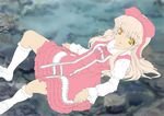  bow copyright_request dress flat_color floating frills kirin_kakeru long_sleeves looking_at_viewer open_mouth pink_dress pink_hair red_bow shoes solo spread_legs teeth white_legwear yellow_eyes 