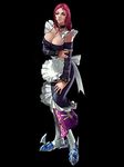  apron black_background breasts choker chronicles_of_the_sword cleavage detached_sleeves extra hand_on_leg huge_weapon kawano_takuji large_breasts maid official_art pose red_hair solo soulcalibur soulcalibur_iii thighhighs toeblade valeria weapon 