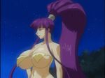 animated animated_gif big_hair bouncing_breasts breasts eiken gigantic_breasts hand_on_hip long_hair lowres misono_kirika navel open_mouth ponytail purple_hair solo twintails unaligned_breasts very_long_hair 