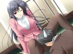  1girl benibara_nadeshiko formal game_cg jacket long_hair one_eye_closed panties panties_under_pantyhose pantyhose pantyshot pencil_skirt really?_really! shuffle! skirt skirt_suit suit suzuhira_hiro sweat teacher tsuchimi_rin underwear upskirt 