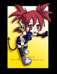  :p artist_request belt black_gloves black_legwear blush_stickers border bracelet chibi disgaea earrings elbow_gloves etna full_body gloves grimace jewelry looking_at_viewer makai_senki_disgaea pointy_ears red_eyes red_hair short_hair shorts simple_background smile solo thighhighs tongue tongue_out twintails yellow_background 