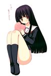  bangs black_hair black_serafuku blunt_bangs blush box enma_ai happy_valentine heart-shaped_box hime_cut jigoku_shoujo kneehighs long_hair no_pants panties red_eyes school_uniform serafuku socks solo striped striped_panties tajima_yoshikazu underwear valentine 