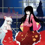  animal_ears artist_request black_hair bunny_ears fujiwara_no_mokou full_moon hands_in_pockets hime_cut houraisan_kaguya kamishirasawa_keine long_hair looking_at_viewer moon multiple_girls ofuda ornament pants reisen_udongein_inaba silhouette silver_hair skirt sleeves_past_wrists suspenders touhou very_long_hair yagokoro_eirin 