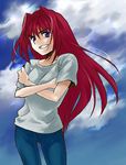  aozaki_aoko blue_eyes crossed_arms hair_intakes long_hair lowres red_hair shirt siki solo t-shirt tsukihime 