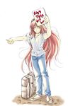  aozaki_aoko hitchhiking holding holding_sign iwaki_hiro long_hair notebook red_hair sign solo suitcase translated tsukihime 