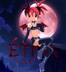  1girl boots bracelet cliff collar demon demon_girl disgaea earrings elbow_gloves etna female gloves jewelry loli mesa midriff miniskirt monster_girl moon necklace night outdoors red_eyes red_hair red_moon sitting sky solo tail twintails wings 