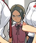  anger_vein angry breast_envy brown_eyes brown_hair frown holding_arm looking_at_breasts lowres multiple_girls necktie original yizumi 