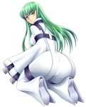  ass bodysuit c.c. cameltoe code_geass green_hair long_hair shiny shiny_hair solo white_background white_bodysuit yellow_eyes yumeno_naka 