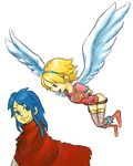  1girl angel_wings armor artist_request blonde_hair blue_eyes blue_hair breath_of_fire breath_of_fire_i chibi couple green_eyes hetero leotard nina_(breath_of_fire_i) red_leotard ryuu_(breath_of_fire_i) thighhighs white_wings wings 