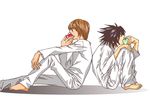  apple artist_request bags_under_eyes death_note food fruit l_(death_note) male_focus multiple_boys yagami_light 