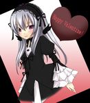  black_dress black_ribbon cowboy_shot dress frilled_sleeves frills hairband happy_valentine heart juliet_sleeves lolita_hairband long_hair long_sleeves looking_at_viewer pink_background puffy_sleeves purple_eyes ribbon rozen_maiden silver_hair simple_background solo suigintou takami_ryou valentine 