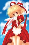  amamiya_poran apron blonde_hair bunny highres moldavite ribbon short_hair solo stella_arista stuffed_animal stuffed_bunny stuffed_toy 