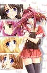  5girls bag black_hair black_legwear blonde_hair blue_eyes brown_eyes brown_hair close-up everyone hair_ribbon hands highres hina_(3ldk) kimizuka_aoi miyashita_ayase multiple_girls outstretched_arm outstretched_hand pink_hair ponytail reaching ribbon school_bag school_uniform senoo_chihogi senoo_yomogi serafuku skirt smile thigh_gap thighhighs yukimura_noel zettai_ryouiki 