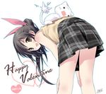 2007 animal animal_ears animal_on_back bent_over blue_outline blush cat cat_ears dated fang hands_on_own_knees happy_valentine heart kantoku long_hair looking_at_viewer open_mouth original plaid plaid_skirt pleated_skirt ponytail shirt skirt sleeveless sleeveless_shirt solo valentine 