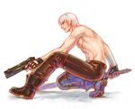  chest dante_(devil_may_cry) devil_may_cry ebony_&amp;_ivory gun hosino_hikaru male_focus shirtless solo squatting weapon white_background 