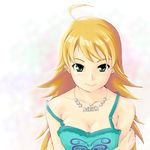  ahoge bare_shoulders blonde_hair breasts cleavage closed_mouth collarbone eyebrows hoshii_miki idolmaster idolmaster_(classic) idolmaster_1 jewelry lips long_hair looking_at_viewer medium_breasts necklace off_shoulder smile solo strap_slip takahashi_ren thick_eyebrows upper_body 