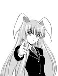  &gt;:( animal_ears bangs blazer breasts bunny_ears buttons collared_shirt crescent finger_gun frown greyscale jacket long_hair looking_at_viewer monochrome necktie outstretched_arm parted_bangs pointing pointing_at_viewer reisen_udongein_inaba school_uniform shirt simple_background small_breasts solo touhou upper_body v-shaped_eyebrows very_long_hair yamaguchi_yuu 