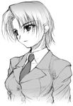  bazett_fraga_mcremitz breasts closed_mouth face fate/hollow_ataraxia fate/stay_night fate_(series) formal greyscale medium_breasts mole mole_under_eye monochrome necktie short_hair simple_background sketch solo suit upper_body white_background yamaguchi_homupe 
