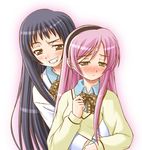  bangs black_hair blush bow brown_eyes hug hug_from_behind long_hair looking_at_another lowres multiple_girls nanto_yaya okuwaka_tsubomi open_mouth pink_hair school_uniform shiumai strawberry_panic! yuri 