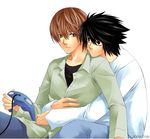  artist_request bags_under_eyes death_note hug hug_from_behind l_(death_note) lowres male_focus multiple_boys video_game yagami_light yaoi 
