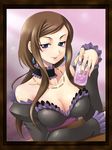  blush breasts choker cleavage dress drunk earrings jewelry large_breasts mole mole_under_eye nail_polish necklace pink_nails purple_eyes sakuya_(sekaiju) sekaiju_no_meikyuu solo yaso_shigeru 