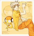  :d back-to-back blonde_hair border crossed_legs fumio_mikuni green_eyes grin jacket keroro_gunsou kururu_(keroro_gunsou) looking_at_viewer md5_mismatch open_mouth orange_pants saburo_mutsumi shirt simple_background smile teeth white_border yellow yellow_background yellow_jacket yellow_shirt zoom_layer 