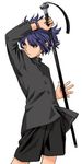  androgynous arm_up black_shirt black_shorts blue_hair bracelet cane cowboy_shot gouketsuji_ichizoku holding jewelry joumon_hikaru long_sleeves looking_to_the_side lowres matrimelee nakano_tomokazu official_art reverse_trap school_uniform shirt short_hair shorts simple_background solo tomboy white_background 