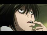  bags_under_eyes black_eyes black_hair close-up death_note expressionless face grimace jitome l_(death_note) letterboxed male_focus open_mouth screencap solo upper_body 