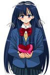  blazer blue_eyes blush box gift heart-shaped_box holding holding_gift jacket rance_(series) ribbon school_uniform sengoku_rance solo uesugi_kenshin_(rance) valentine yoshida_inuhito 
