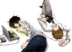  bags_under_eyes computer cuffs death_note handcuffs l_(death_note) lying male_focus multiple_boys nattsu yagami_light 